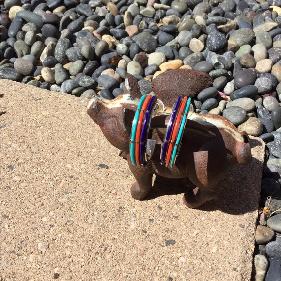 Vintage Native American - Turquoise, Coral & Lapis - Hoop Earrings - Picture 5 of 16